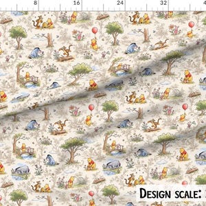 May include: Fabric with a repeating pattern featuring Winnie the Pooh and friends. The design includes characters like Pooh, Tigger, Eeyore, and Piglet, along with trees, bridges, and balloons, all set against a cream-colored background.