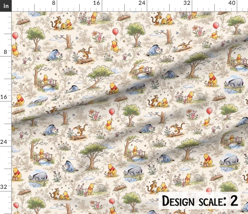 May include: Fabric with a repeating pattern featuring Winnie the Pooh and friends. The design includes characters like Pooh, Tigger, Eeyore, and Piglet, along with trees, bridges, and balloons, all set against a cream-colored background.