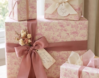 Pink Winnie the Pooh Toile Wrapping Paper | Baby Shower Gift Wrap for Girls, Nursery