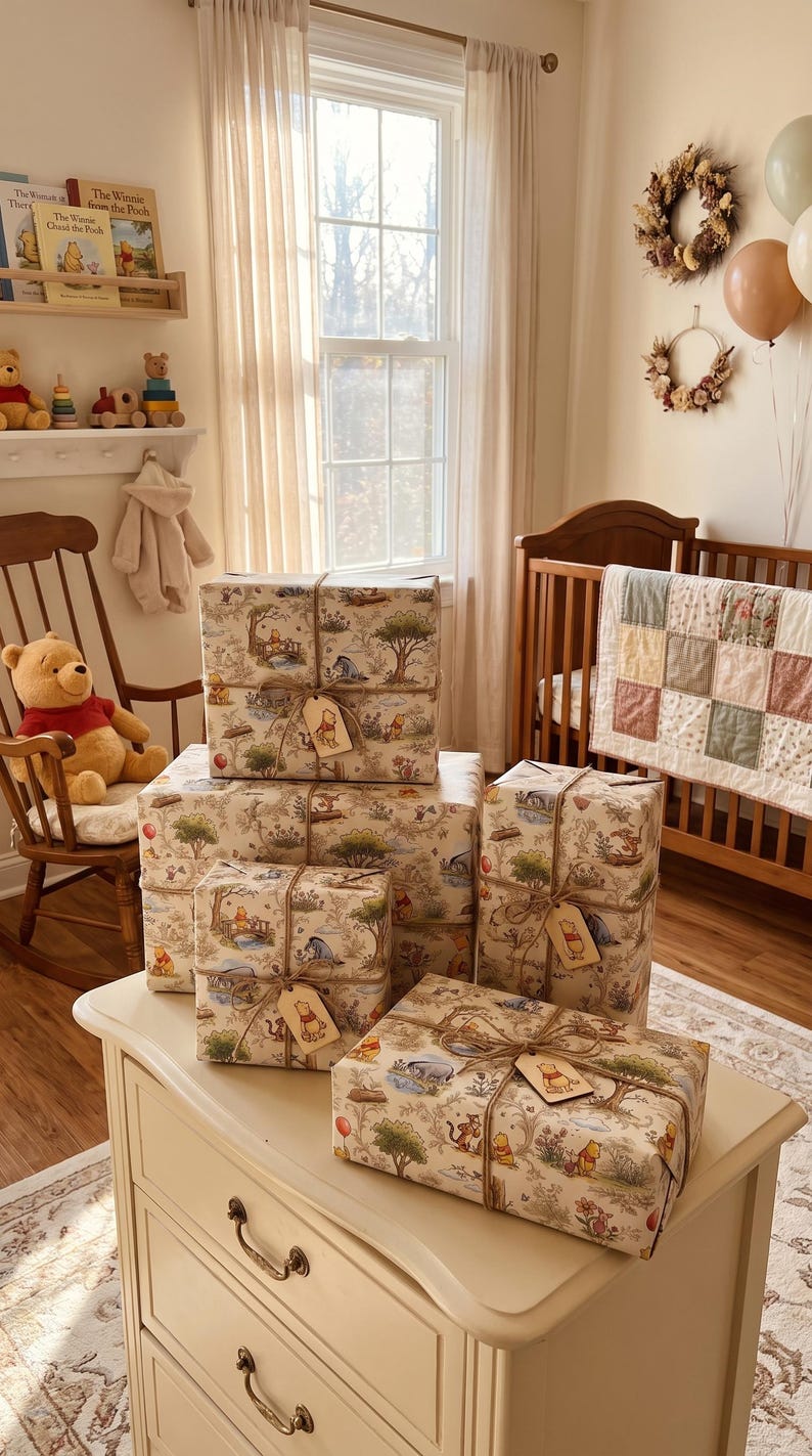 May include: Four rectangular gift boxes wrapped in beige paper featuring a repeating Winnie the Pooh pattern. Each package is tied with brown twine and includes a small wooden gift tag shaped like Winnie the Pooh, Piglet, or Eeyore.