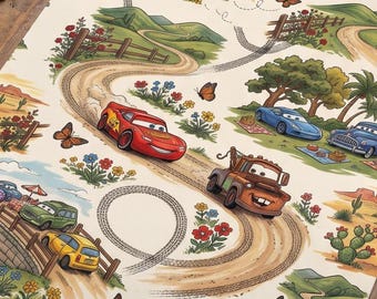 May include: A cream-colored fabric featuring a repeating pattern of cartoon cars, including a red race car and a brown tow truck, driving on dirt roads through a landscape with green hills, cacti, flowers, butterflies, and wooden fences.