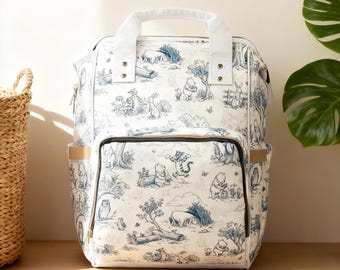 Mochila para pañales/bolso de guardería vintage de Winnie the Pooh con diseño de toile azul