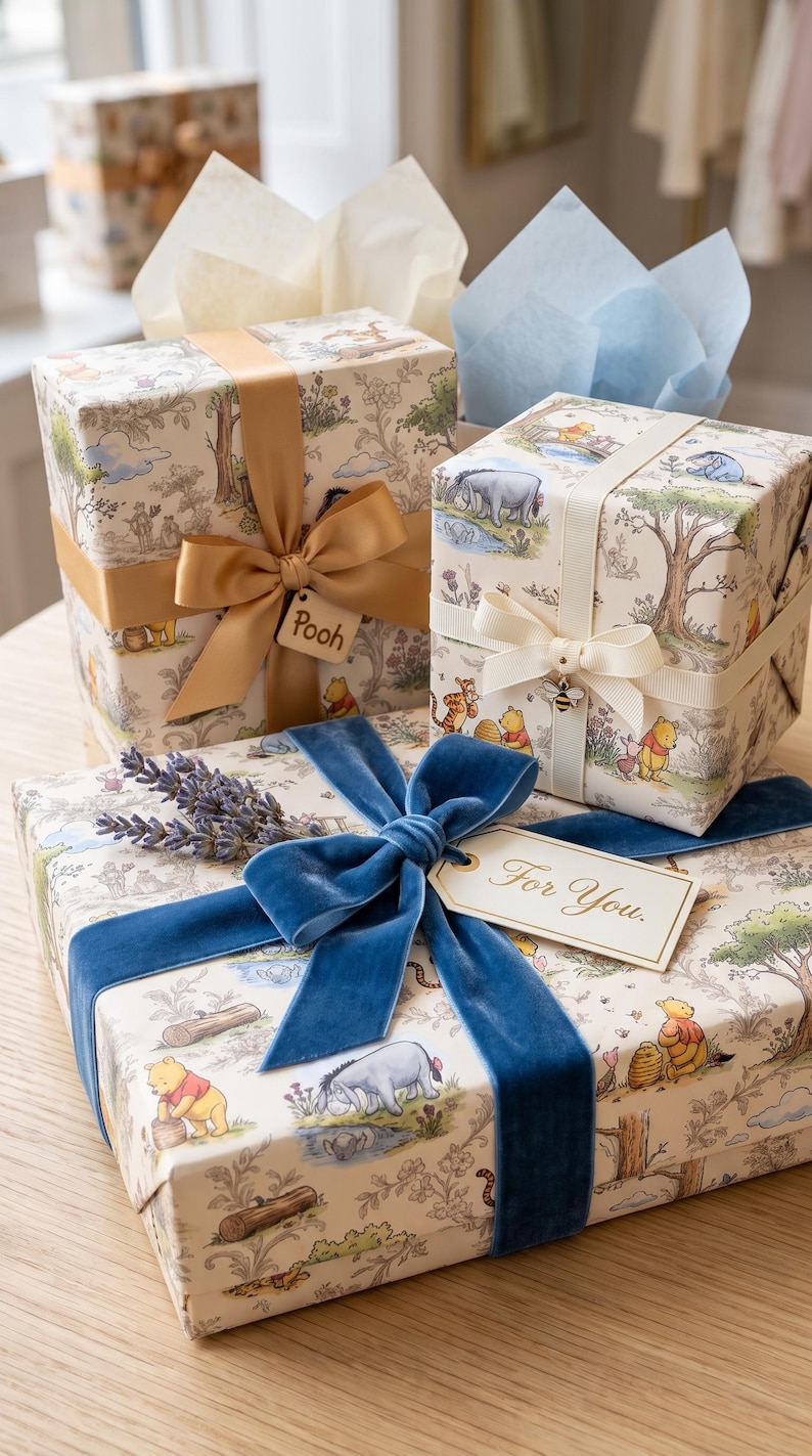 May include: Three square gift boxes wrapped in cream-colored paper featuring Winnie the Pooh illustrations. The boxes are adorned with gold, cream, and blue velvet ribbons, a bee charm, a sprig of lavender, and tags labeled Pooh and For You.