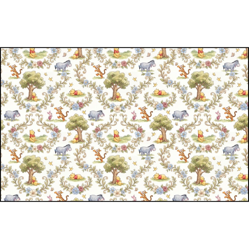 Winnie the Pooh Fabric by Yard Cotton Twill | Vintage Style Bouquet Print image 5