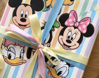 Cartoon Character Wrapping Paper, Pastel Stripes, Birthday Gift Wrap