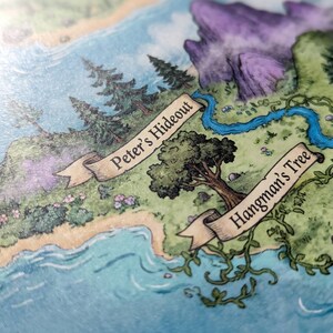 May include: A detailed illustrated map featuring a blue river, green land, and purple mountains. Two beige banners with black text read Peter's Hideout and Hangman's Tree. The scene includes evergreen trees, vines, and a palm tree near the water.