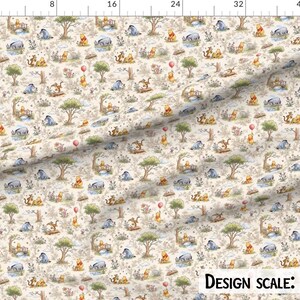 May include: Fabric with a repeating pattern featuring Winnie the Pooh and friends in a whimsical forest scene. The design includes characters like Pooh, Eeyore, and Piglet, with trees, bridges, and balloons. The background is a light beige color.