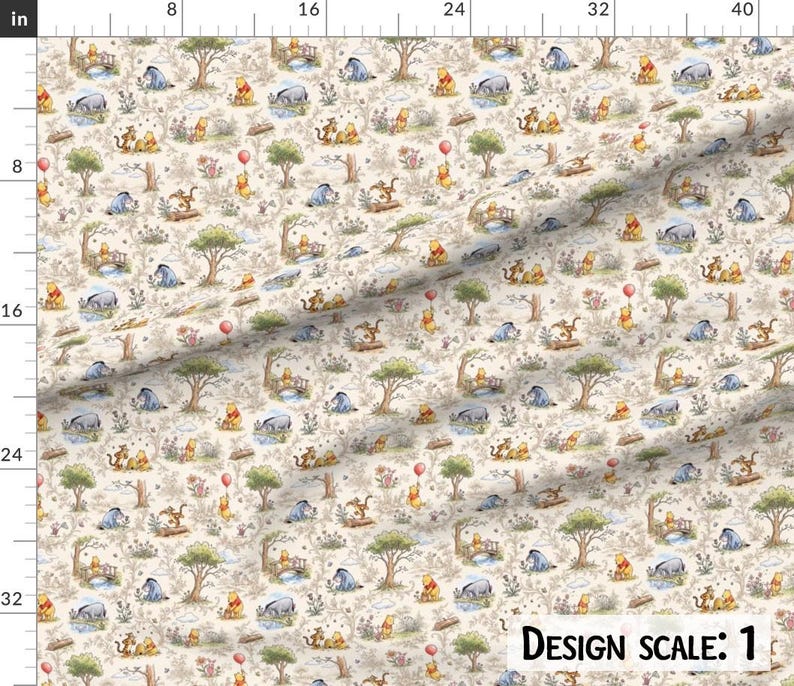 May include: Fabric with a repeating pattern featuring Winnie the Pooh and friends in a whimsical forest scene. The design includes characters like Pooh, Eeyore, and Piglet, with trees, bridges, and balloons. The background is a light beige color.