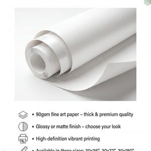 May include: A roll of white wrapping paper with text stating High-Quality 90gsm Wrapping Paper for Memorable Gifts. Features include 90gsm fine art paper, glossy or matte finish, high-definition printing, and sizes of 30x36, 30x72, and 30x180 inches.