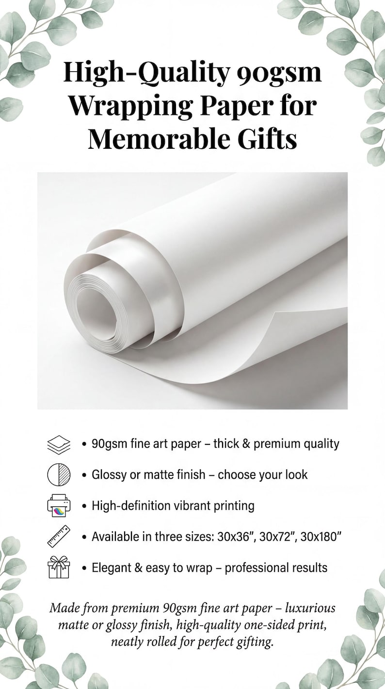 May include: A roll of white wrapping paper with text stating High-Quality 90gsm Wrapping Paper for Memorable Gifts. Features include 90gsm fine art paper, glossy or matte finish, high-definition printing, and sizes of 30x36, 30x72, and 30x180 inches.