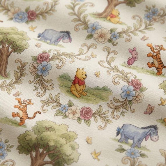 Winnie the Pooh Fabric by Yard Cotton Twill | Vintage Style Bouquet Print