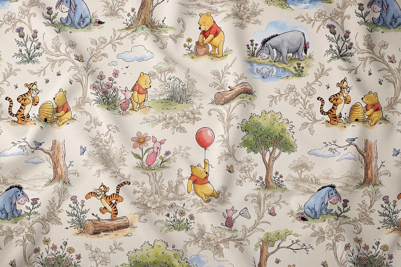 Winnie the Pooh Toile Fabric, Cotton Combed Pima image 1
