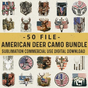 Puede incluir: Una colección de diseños con temática de ciervos con patrones de bandera estadounidense y camuflaje. Los diseños incluyen cabezas de ciervo, cornamentas y elementos patrióticos. El texto en la imagen dice "- 50 FILE - AMERICAN DEER CAMO BUNDLE SUBLIMATION COMMERCIAL USE DIGITAL DOWNLOAD".