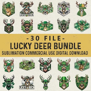 Könnte beinhalten: Ein digitales Grafikpaket zum Herunterladen mit 30 "Lucky Deer" Designs. Die Illustrationen zeigen Hirsche mit Sonnenbrillen, Hüten und Kleeblättern in verschiedenen Stilen und Farben. Der Text enthält "Lucky Buck" und "Sublimation Commercial Use Digital Download".