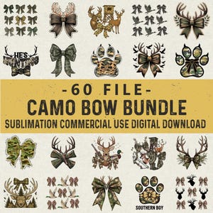 Camo Bow PNG Bundle, Hunting Clipart, Ribbon Set, Retro Camouflage Girl PNG, Camo Spring Shirt Design, Sublimation Design, Digital Download