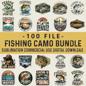 Pode incluir: Uma coleção de designs com tema de pesca, incluindo ilustrações de peixes, varas de pesca e texto relacionado. Os designs apresentam várias cores e estilos, com frases como "Fishing is my therapy". O texto "100 File - Fishing Camo Bundle" também é visível.