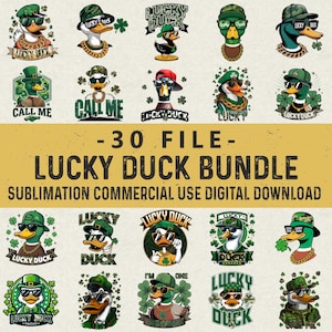 Könnte beinhalten: Ein digitales Download-Bundle mit 30 "Lucky Duck" Designs. Die Illustrationen zeigen Enten mit Hüten, Sonnenbrillen und Goldketten, mit Kleeblättern. Der Text enthält "Lucky Duck", "Call Me" und "I'm the One".