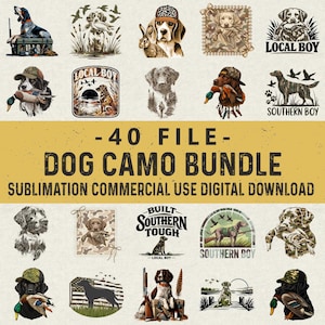 Hundpaket png, Camo 40-fil, jaktfiske anka hundkamouflage retrologotyper, camo jakt PNG, camo sydstatspojkeskjorta, digital nedladdning