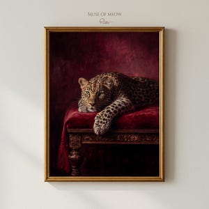 Leopard on Red Velvet Bench Oil Painting Print — Luxury Wild Cat Portrait Dark Burgundy Wall Art | Digital Download