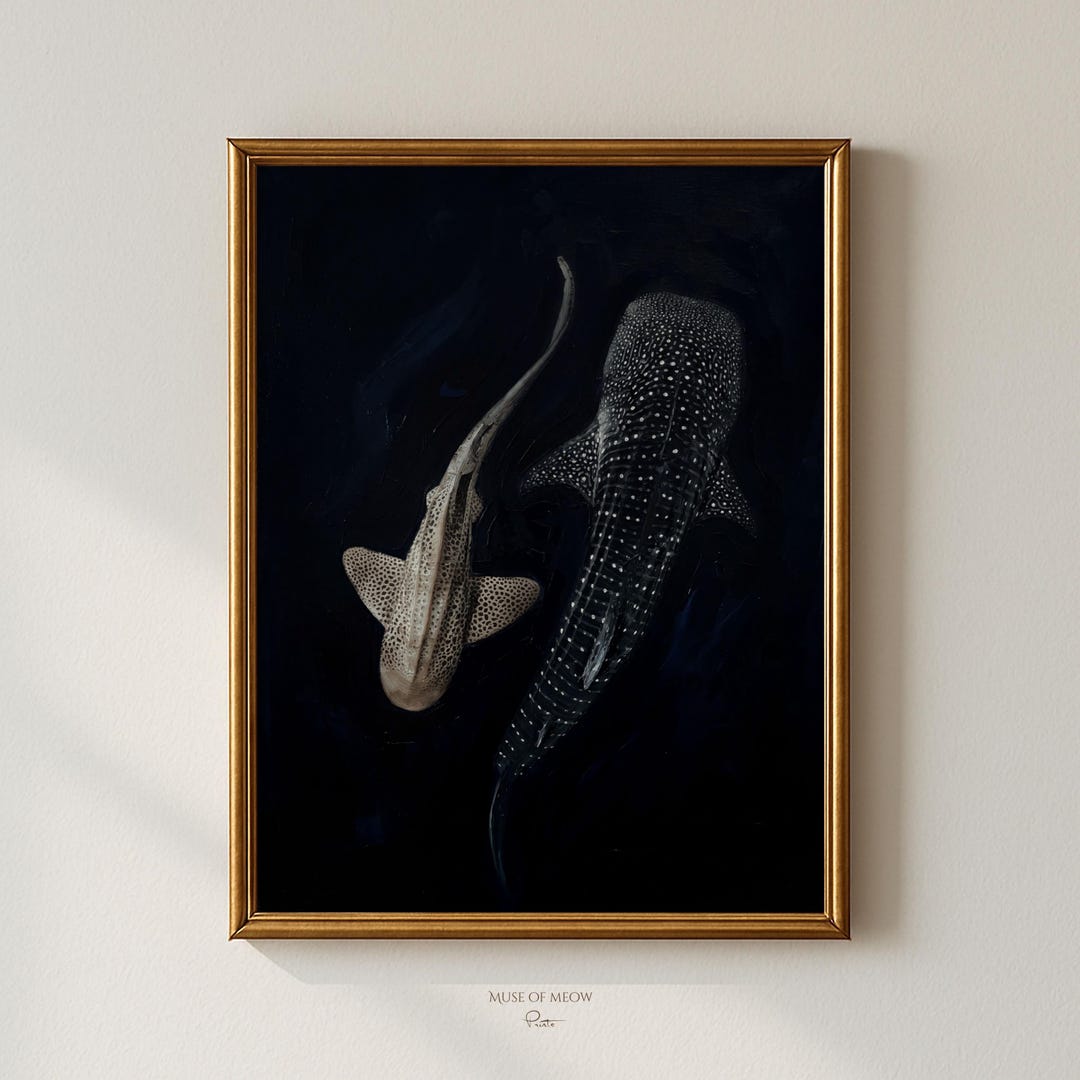 Whale Shark Oil Painting Print, Dark Moody Ocean Wall Art, Deep Sea ...