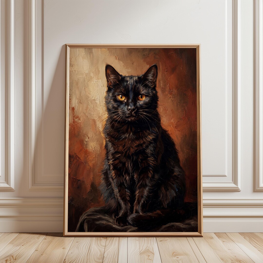 Vintage Black Cat Wall Art Print, Oil Painting Aesthetic, Dark Academia ...