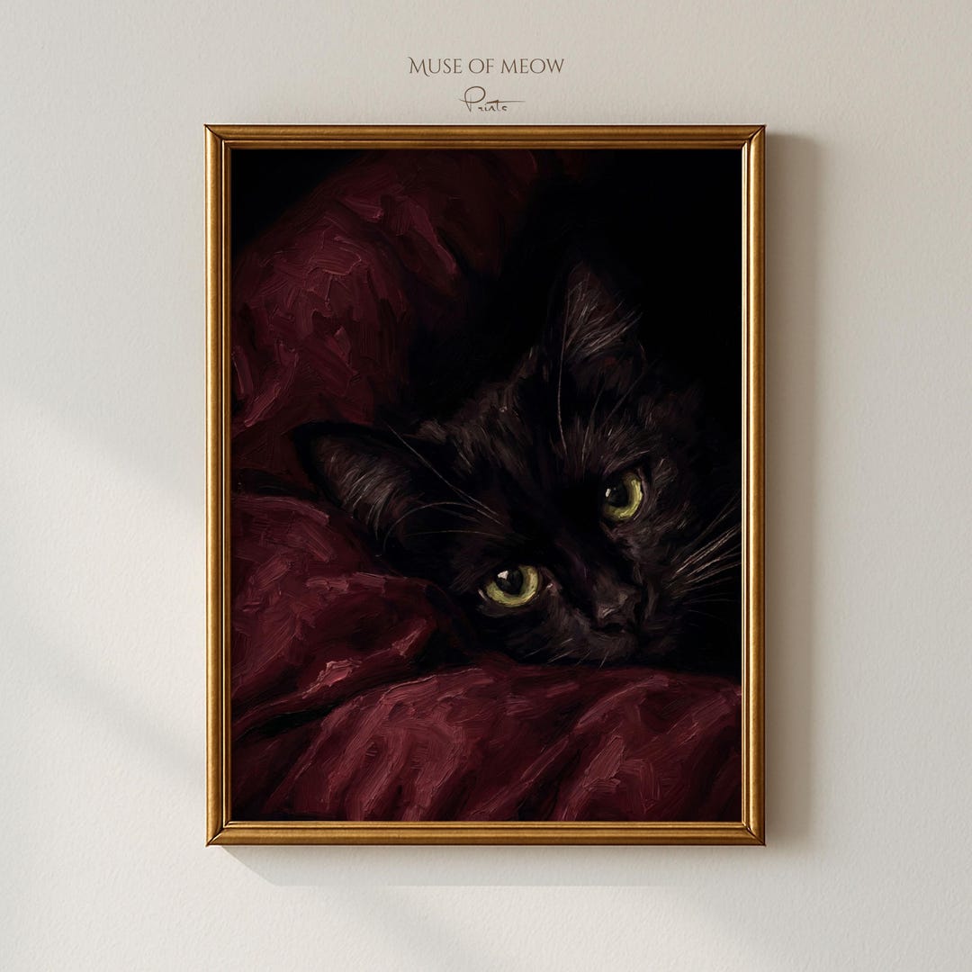 Black Cat Wall Art Print Dark Moody Cat Painting Crimson Velvet Gothic ...