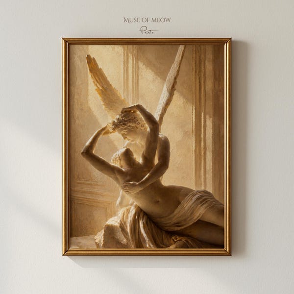 Lámina de pintura al óleo inspirada en Cupido y Psique — Arte mural de mitología griega romántica, decoración de escultura clásica, descarga digital de lujo en tonos neutros