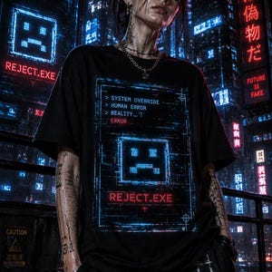 Op de afbeelding: Een zwart t-shirt met een centrale afbeelding van een blauwe digitale interface met een droevig gezichtspictogram en de tekst: SYSTEM OVERRIDE, HUMAN ERROR, REALITY_?, ERROR en REJECT.EXE. Het ontwerp heeft een glitchy, gepixelde esthetiek.