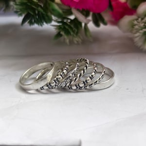 Sterling Silver Stackable Ring Set: 7 Mixed Texture Bands