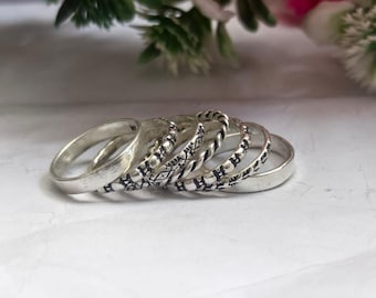 Sterling Silver Stackable Ring Set: 7 Mixed Texture Bands