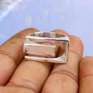 Sterlingzilveren ring met geometrische rechthoek, moderne minimalistische statementband, uniseks sieraden