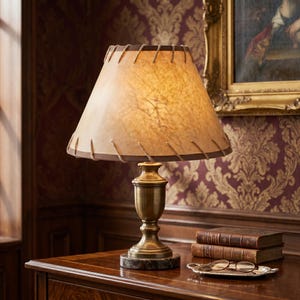 Może przedstawiać: Lampa stołowa w stylu vintage z beżowym abażurem i mosiężną podstawą. Abażur jest zszyty ciemnobrązową nicią. Lampa stoi na marmurowej podstawie. Lampa stoi na drewnianym stole z książkami i tacą z okularami.