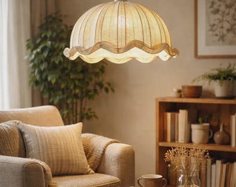 Linen Scalloped Pendant Lampshade: Pleated Bell Hanging Light Cover, Japandi Decor