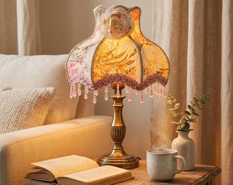 Pantalla de lámpara victoriana floral, pantalla de tela festoneada, flecos con cuentas, soporte UNO