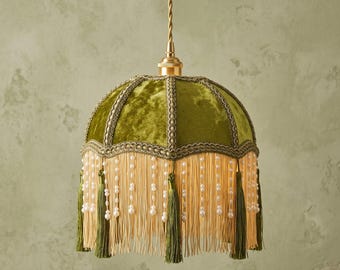 Olive Velvet Pendant Lampshade with Tassel Fringe and Pearl Accents