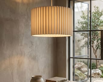 Cream Fluted Cylinder Lampshade, Wabi-Sabi Japandi Pendant Light Shade