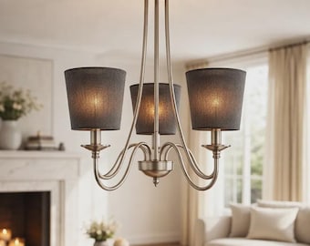 Pantalla de lámpara de lino gris carbón: forma de tambor cónico, iluminación ambiental de brillo suave.