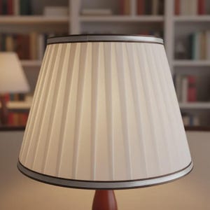 Könnte beinhalten: Weißer, plissierter Lampenschirm mit dunkelbraunem Rand und silbernem Akzent. Der Lampenschirm befindet sich auf einem roten Lampenfuß. Im Hintergrund ein Bücherregal mit Büchern.