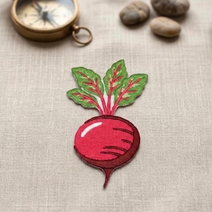 May include: Embroidered patch of a red radish with green and red leaves. The radish has a white highlight and brown details. The patch is on a beige fabric surface, with a brass compass and small stones in the background.