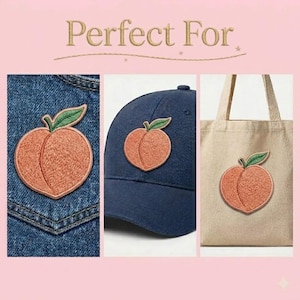 May include: Embroidered peach patches displayed on denim, a navy blue cap, and a canvas tote bag. The peach patches are orange with green leaves. The text "Perfect For" is above the images.