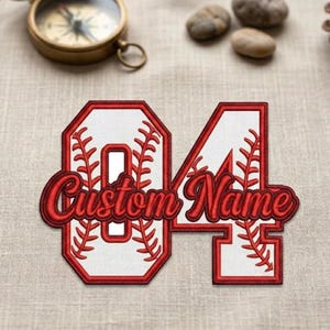 May include: A baseball-themed patch with the number "04" and the words "Custom Name" in a red, cursive font. The numbers are white with red stitching and baseball-like details. The patch is likely for sports apparel.