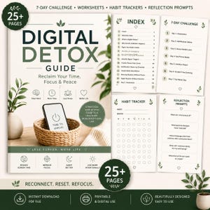 May include: A digital detox guide with the title "DIGITAL DETOX GUIDE" and the text "Reclaim Your Time, Focus & Peace." The guide includes worksheets, habit trackers, and reflection prompts. A smartphone with the words "TIME TO UNPLUG" is in a woven basket.