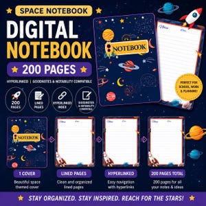 May include: A digital space-themed notebook with 200 pages, featuring a dark blue cover with planets, stars, and a rocket ship. The notebook includes lined pages, a hyperlinked index, and is compatible with Goodnotes and Notability applications.