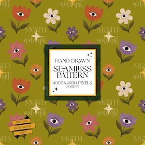May include: A seamless pattern featuring stylized flowers in red, purple, and cream on an olive green background. Each flower contains a central eye graphic. Four-pointed stars are interspersed throughout. A central white box displays the text: HAND DRAWN SEAMLESS PATTERN 4000X4000 PIXELS 300DPI.