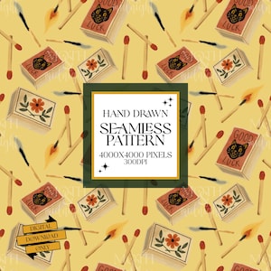 May include: A seamless pattern on a yellow background featuring illustrations of matchboxes with black cat faces and the text GOOD LUCK, matchboxes with orange flowers, and lit matches. A central white box contains the text HAND DRAWN SEAMLESS PATTERN 4000X4000 PIXELS 300DPI.
