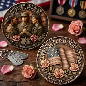 May include: Two bronze commemorative coins with patriotic themes. One coin features three female veterans, the text "THIS IS THE STORY OF FEMALE VETERANS", and the words "LOVE, STRENGTH, HONOR". The other coin displays an American flag and the word "SISTERHOOD".
