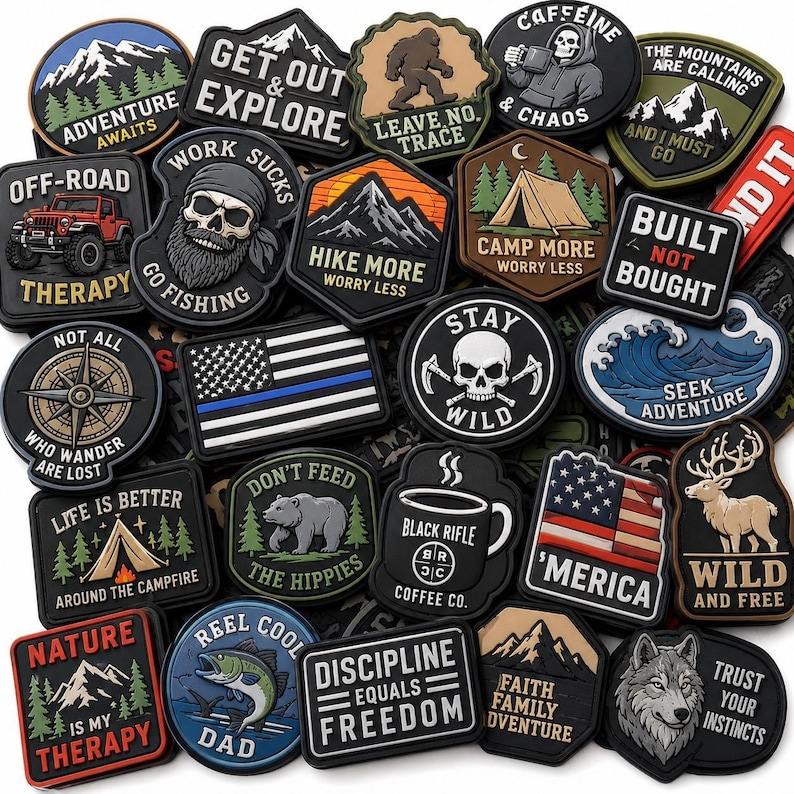 May include: A collection of assorted rubber morale patches featuring various outdoor, patriotic, and skull-themed designs with text including Get Out & Explore, Off-Road Therapy, Stay Wild, Built Not Bought, and Black Rifle Coffee Co.