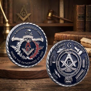 Freemason Challenge Coin Masonic Brotherhood Medallion, Square and Compasses G Symbol Wisdom Strength Beauty, Secret Society Gift for Masons