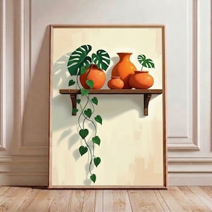 May include: A framed artwork featuring a wooden shelf with orange vases and green plants. The shelf holds three vases of varying sizes and a plant with large green leaves. Trailing vines with heart-shaped leaves cascade down.