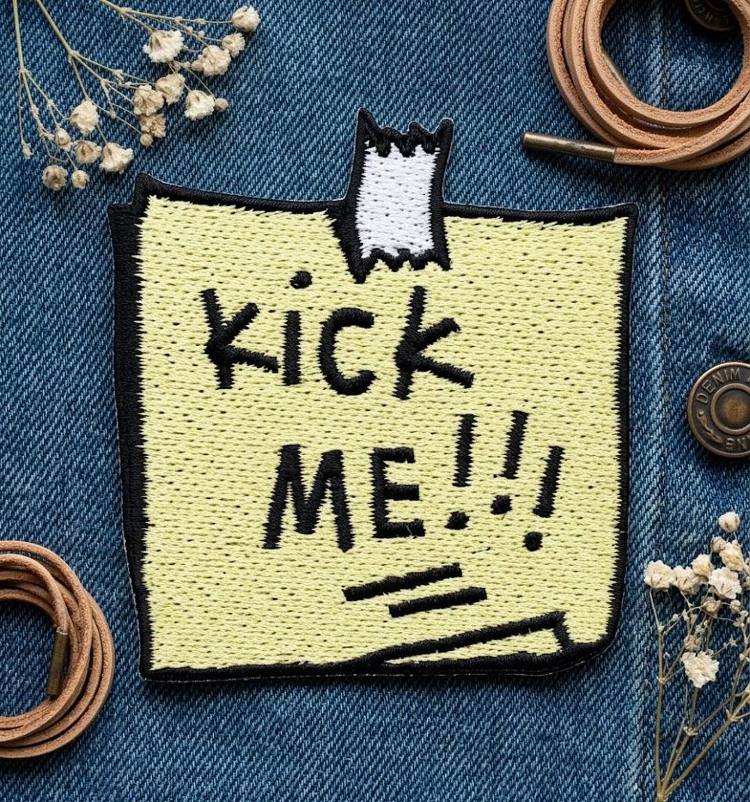 Funny Kick Me Post-it Note Iron on Patch, Rude Humor Embroidered Yellow ...